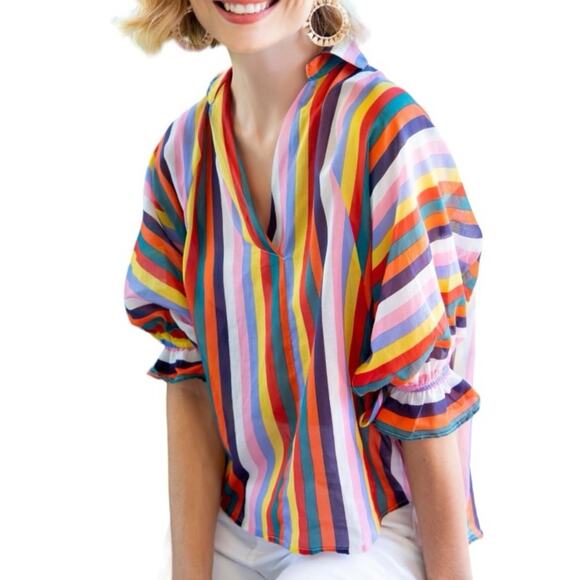 Eva Franco Rainbow Stripe Lightweight Semi Sheer Summer Killian Top Size 8 - Picture 2 of 11